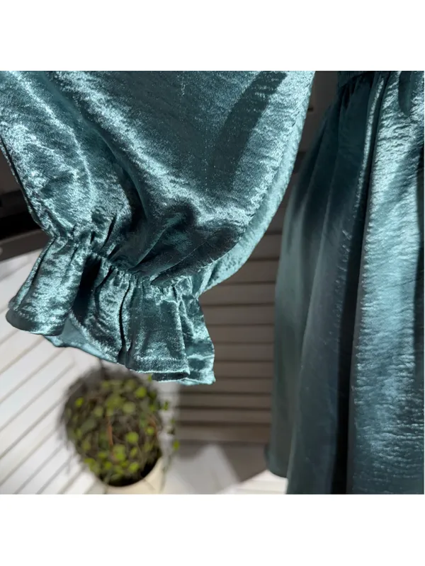 Entro Anthropologie teal satin babydoll mini dress ballooned sleeves Fairy hoco - Image 9