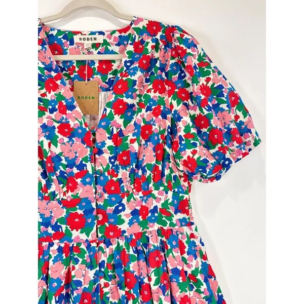 NEW Boden Midi Dress Pink Lillian Cotton Floral V Neck Puff Sleeve Boho US 10 - Image 10