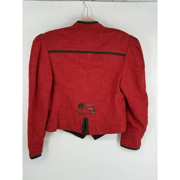 Red Linen Wool Blend Austrian Double Breasted‎ Jacket Embroidered Octoberfest Size 38 - Image 2