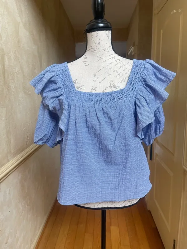 Zara Blue Gingham Ruffle Smocked Blouse XL Cotton Coquette Coastal Picnic Top - Image 3