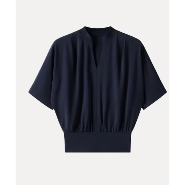 OGL Stand Collar V-Neck Short Sleeve Navy Top Women's Size Small NEW - Image 5