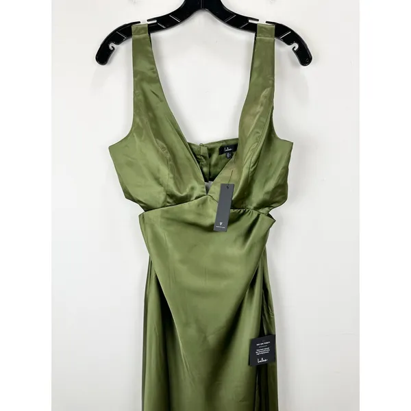 Lulus Unmatched Elegance Olive Satin Sleeveless Midi Dress Cocktail Party L NWT - Image 6