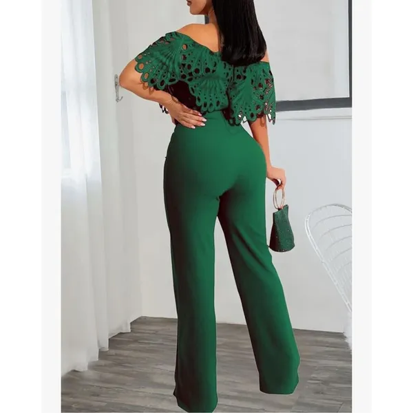 NEW Green Off Shoulder Solid Wide Leg Jumpsuits L NO BELT - Image 2