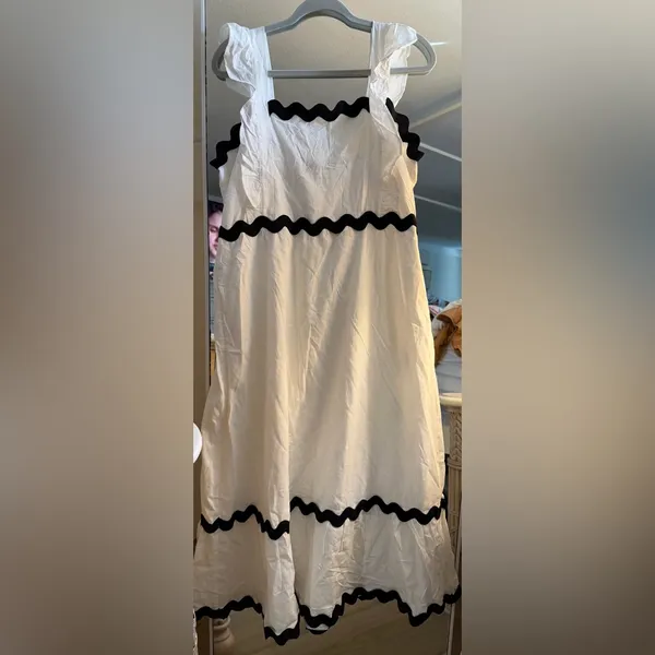 NEW White Flutter Sleeve Square Neck Rickrack Tiered Pockets Midi Lined Dress XL - Image 3