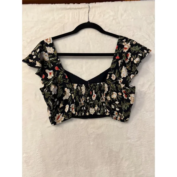 American Eagle Floral Crop Top NWT Womens Small Ruffle Sleeve Smocked Back Black - Image 9