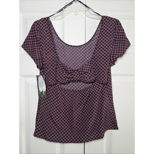Keds Plaid Bow Back Blouse‎ Womens Size S Navy Red Checkered Y2K Preppy Top - Image 3