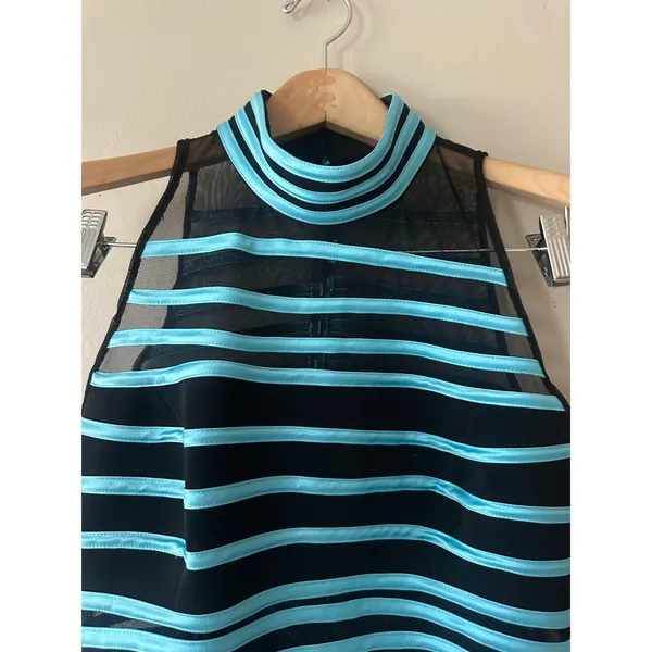 JS Collections Black and Blue Striped Mesh Mock Neck Top Size 14 - Image 2