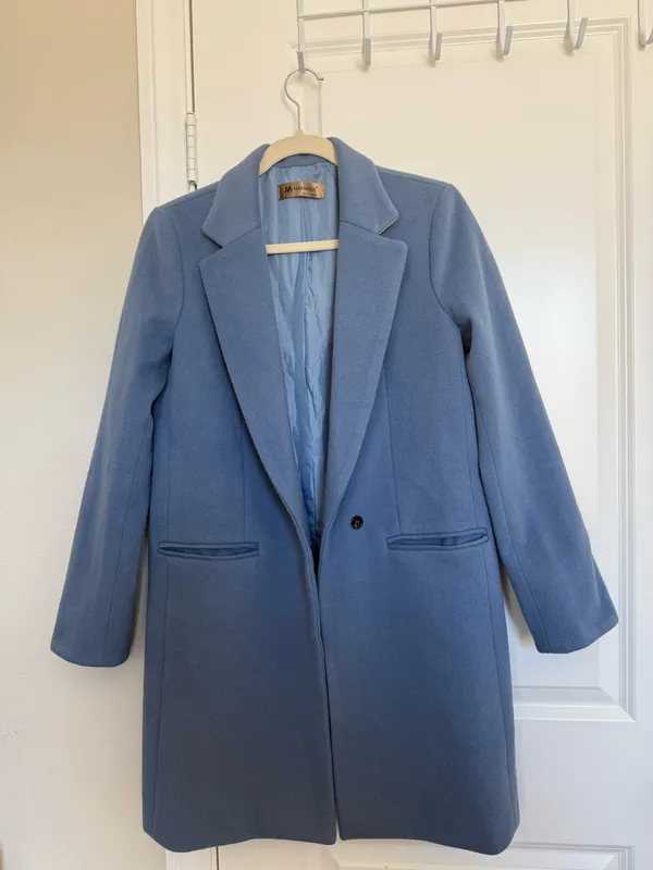 Women’s Light Blue Tailored Long Lightweight Coat with Pockets Minimalist Size S - Image 3