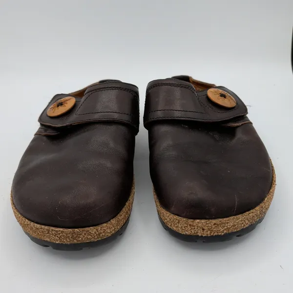 Haflinger Charlotte Brown Leather Cork Clog Mules Wood Button Womens 37 US 6-6.5 - Image 3