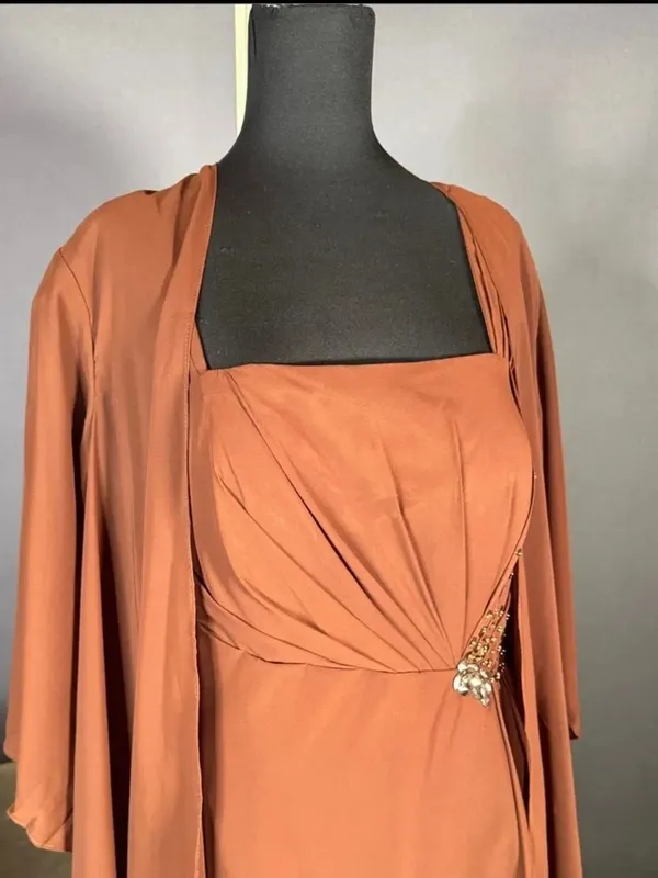 Women’s Brown Chiffon Formal Mother of the Bride Dress Draped Jacket Size 14 NWT - Image 2
