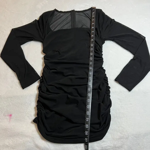 Women's Square Neck Ruched Bodycon Mini Dress Size S Mesh Sleeves Going Out Date - Image 9