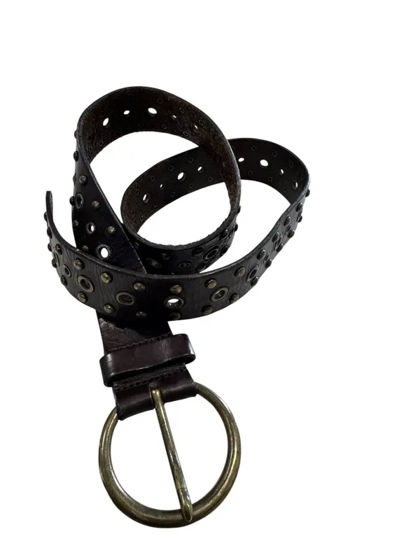 Fossil Dark Brown Genuine Leather Eyelet Studded Belt Round Brass Buckle - Image 3