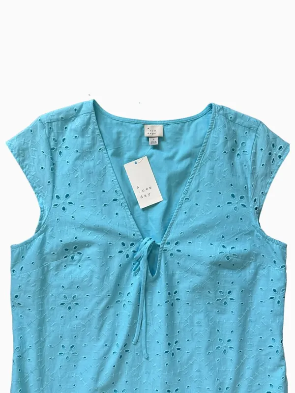 NWT A New Day Eyelet Mini Dress Blue V-Neck Tie Front Size Large - Image 10