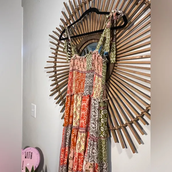 Abel the Label Bohemian Multicolor Patchwork Smocked Maxi Dress with Tie Straps - Image 10
