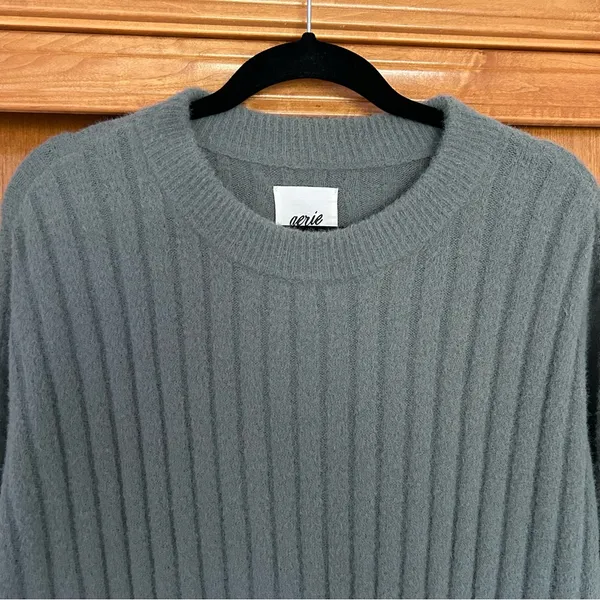 Aerie Muted Green Oversized Ribbed Knit Crewneck Sweater Size XS - Image 6