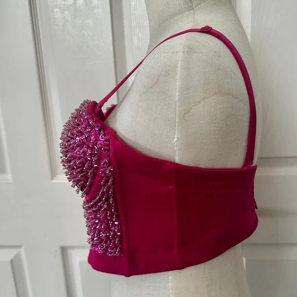 Hot Pink Sequin Beaded Bustier Crop Top Medium 38C Pink - Image 3