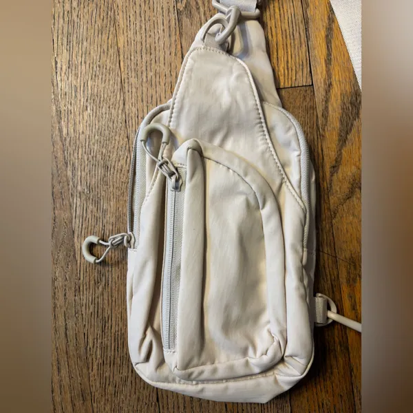 Beige Nylon Sling Crossbody Belt Bag Fanny Pack Multi Pocket - Image 5