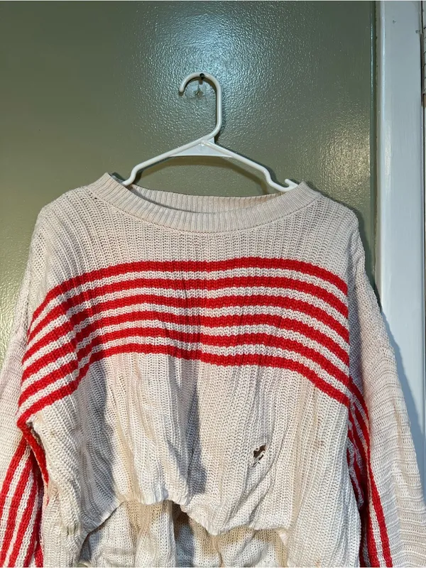Aerie Women's Size XS Striped Pullover Sweater‎ Cream Red Stripes FLAWED - Image 4