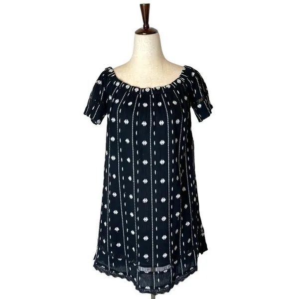 Topshop Dress Women 2 Black White Embroidered‎ Off The Shoulder Tunic Mini - Image 2