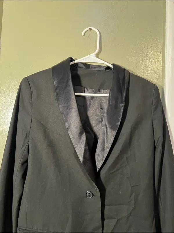 Women's Blazer Black Satin Lapel One Button Longline Lined Long Sleeve Stretch - Image 2