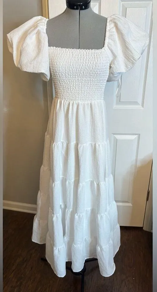 Showpo Maxima Midi Dress - Puff Sleeve Shirred Bodice Tiered Dress In White, 4 - Image 3