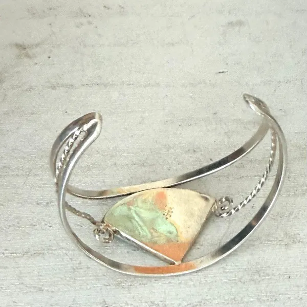 Vintage Alpaca Mexico Abalone Mother of Pearl Flower Cuff Bracelet - Image 6
