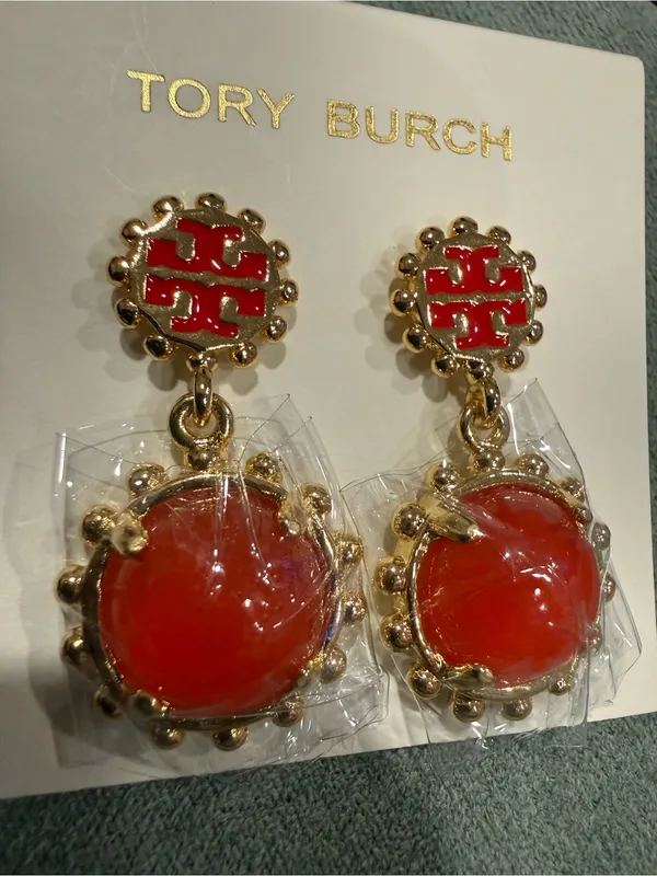 Tory Burch | Red/Orange Gold Plated Drop Logo Earrings - Image 3
