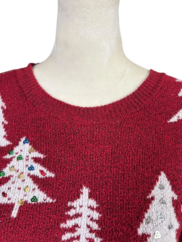 Holiday Time women's red winter tree long sleeve crewneck sequin sweater S - Image 5
