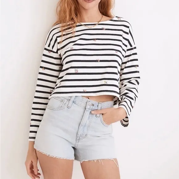 Madewell Shirt Striped Embroidered Floral Cropped Bell Sleeve Tee Stripe Coastal - Image 2