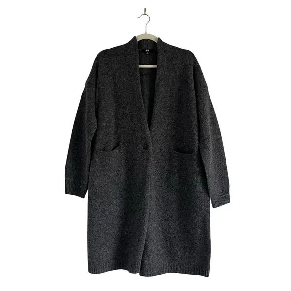 Uniqlo 100% Wool Knit Oversized Long Cardigan Charcoal Gray Sz Small Cabin Core - Image 2