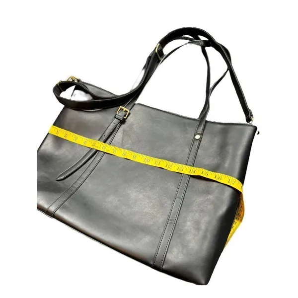 Women's Black Faux Leather Tote Bag With Multiple Compartments & Adjustable Stra - Image 9