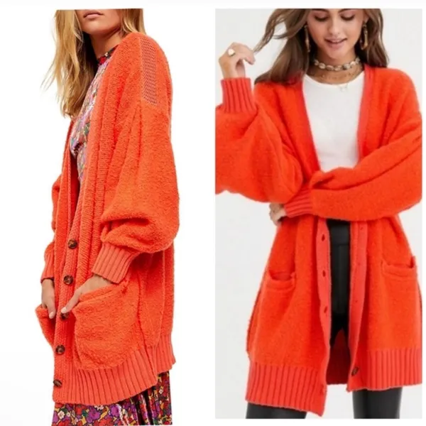 Free People Snow‎ Drop Over Sized Cardigan Orange V Neck Sweater Size Small - Image 2