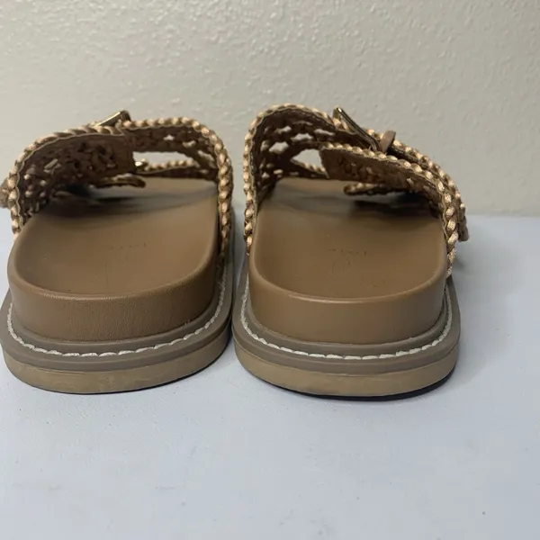 Joie Slide Sandals Woven Braided Crochet Tan Bronze Metallic Gold Buckle Sz 10 - Image 6