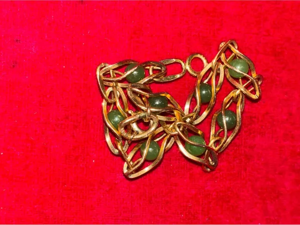 Vintage Signed KREMENTZ Gold Overlay & Green Jade Bead Bracelet 7.75” - Image 5