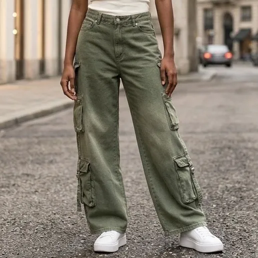 Forever 21 Premium Olive‎ Green Cargo Jeans Wide Leg Multi Pocket Womens Size 28 - Image 2