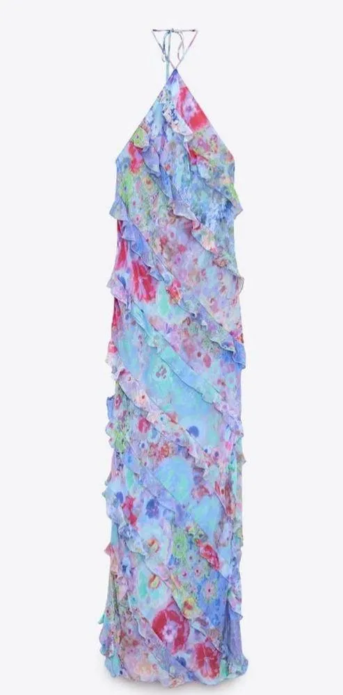 Zara ruffle printed halter midi Dress NEW - Image 11