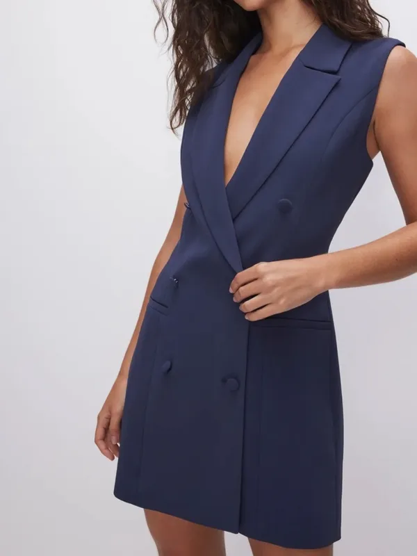 New Good American Luxe Suiting Sleeveless Blazer Dress Navy Blue Rinse Size 3 L - Image 2