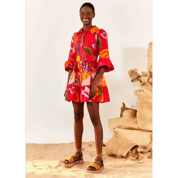 Farm Rio Tropical Fruit Printed Mini‎ Shirt Dress Small Multicolor Belted Resort - Image 7