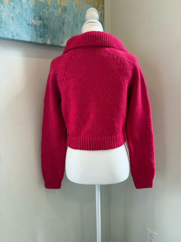 Zara Bright Fuchsia Collared Cropped V-Neck Sweater Size small Barbiecore - Image 3
