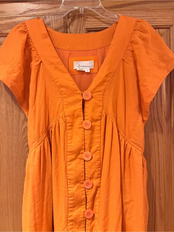 Reneé Flutter-Sleeve Linen Button-Front Midi Dress Pockets Orange Size Medium - Image 8