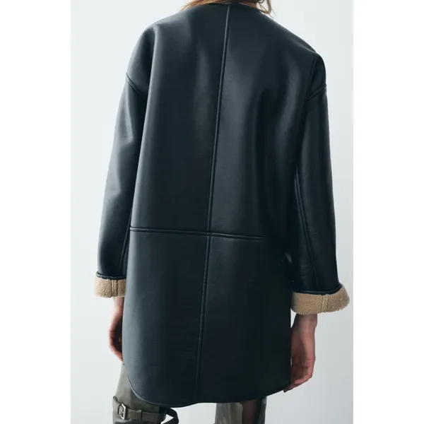 NWT!! ZARA ZW Collection Double Faced Coat Jacket Black Fleece Lining Small - Image 8