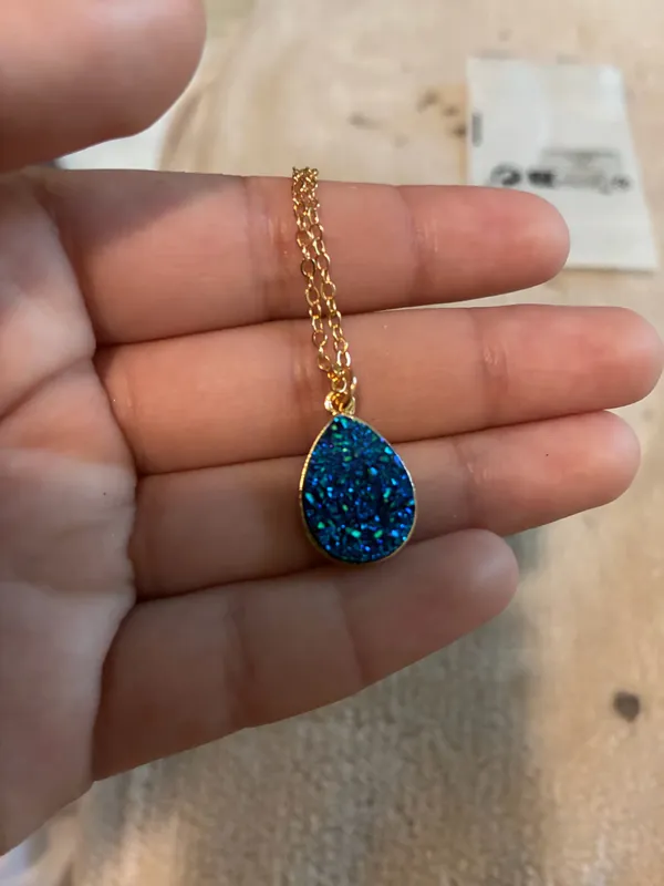 Blue Teardrop Druzy Pendant Gold Chain Necklace - Image 3