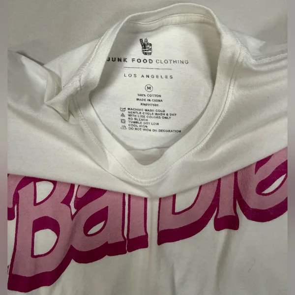 Junk Food Clothing White Tee with Pink Barbie Logo - Image 3