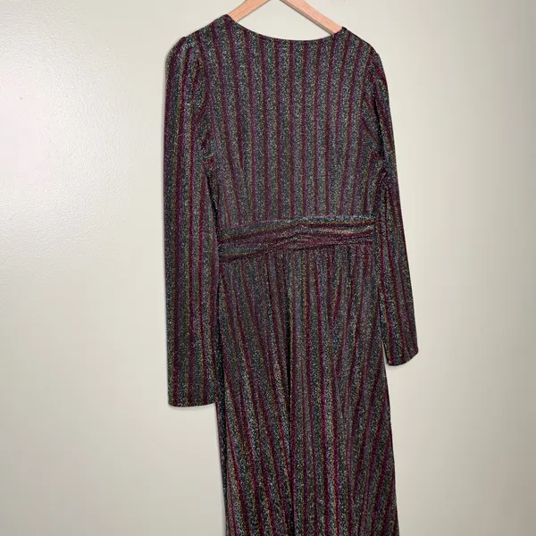 Boden Shimmer Glitter Long Sleeve Stripe Midi Dress Red Black Green Size 8 - Image 6
