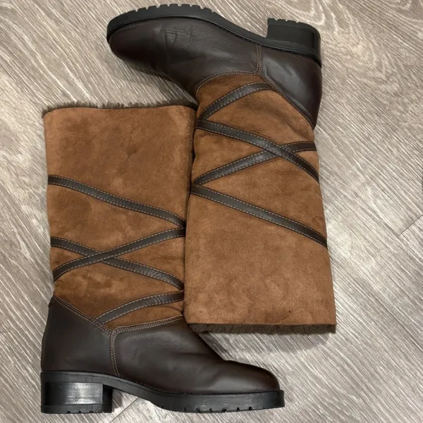La Canadienne Brown Leather Suede Shearling Foldable Cuff Winter Boots 7 Cozy - Image 8