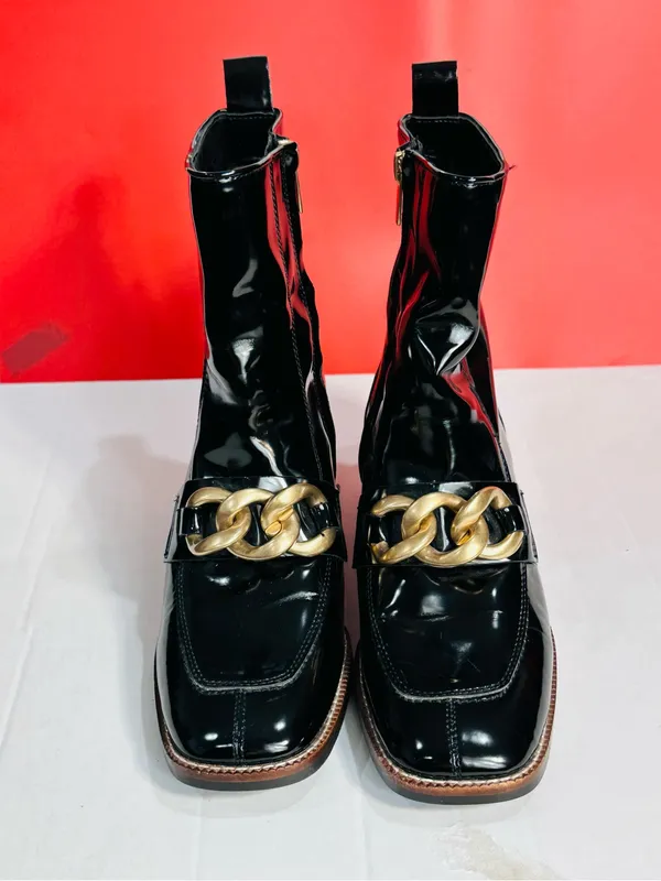 Steve Madden Black Patent Leather Ankle Boots with Gold Chain - Image 2