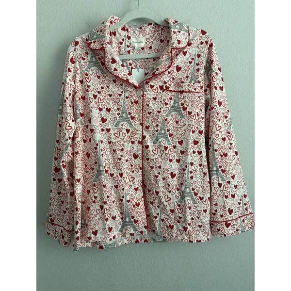 BedHead Women's Long Sleeve Button Down Pajama Top Heart Eiffel Notch Size M NEW - Image 7