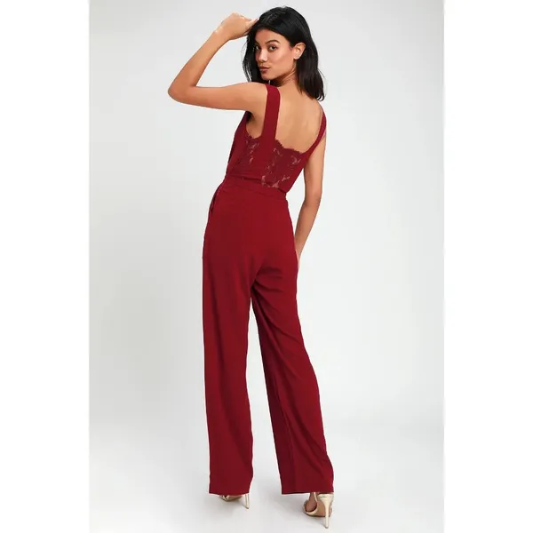 Lulus Kiska Burgundy Lace Wide-leg Jumpsuit Pockets V Neck Pleated M - Image 4
