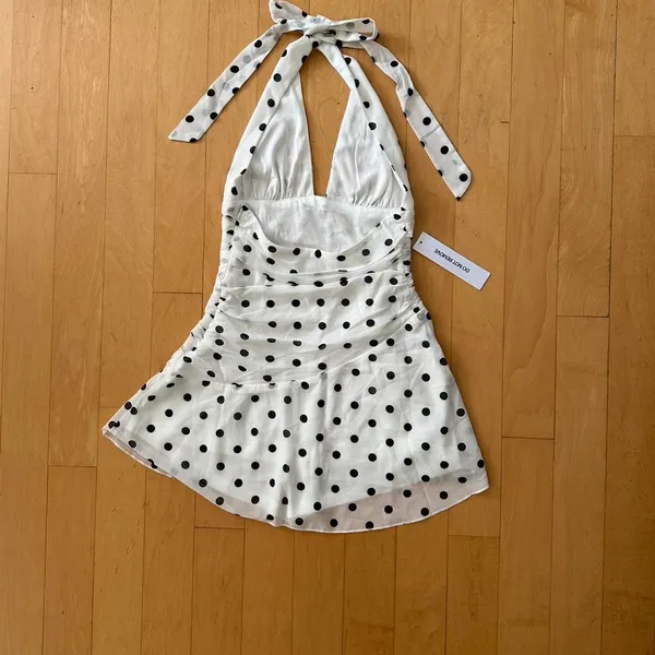 Princess Polly Casidy plunge white and black polka dot halter romper - Image 3