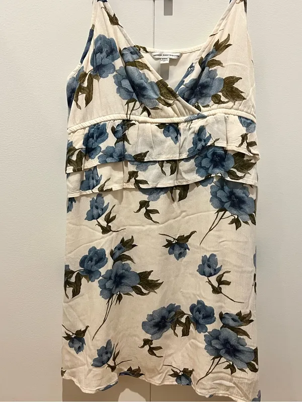 American Eagle Outfitters Cream Mini Dress with Blue Floral Print - Image 2